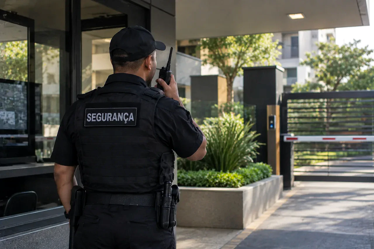 Segurança falando no rádio na entrada de um condomínio
